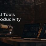 A digital photograph of a dimly lit futuristic workspace featuring a robotic arm with a light bulb at its tip and two modern laptops displaying data analytics dashboards, symbolizing AI-driven productivity.