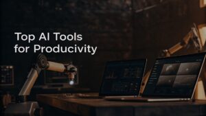 A digital photograph of a dimly lit futuristic workspace featuring a robotic arm with a light bulb at its tip and two modern laptops displaying data analytics dashboards, symbolizing AI-driven productivity.
