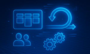 A futuristic digital banner in neon blue hues, illustrating Agile methodology with glowing icons including a Kanban board, a looping arrow symbolizing iterative workflow, human silhouettes representing team collaboration, and interlocking gears for process automation. The design features a dark grid background and dynamic light streaks, evoking a high-tech, innovative atmosphere.
