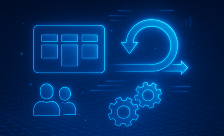 A futuristic digital banner in neon blue hues, illustrating Agile methodology with glowing icons including a Kanban board, a looping arrow symbolizing iterative workflow, human silhouettes representing team collaboration, and interlocking gears for process automation. The design features a dark grid background and dynamic light streaks, evoking a high-tech, innovative atmosphere.