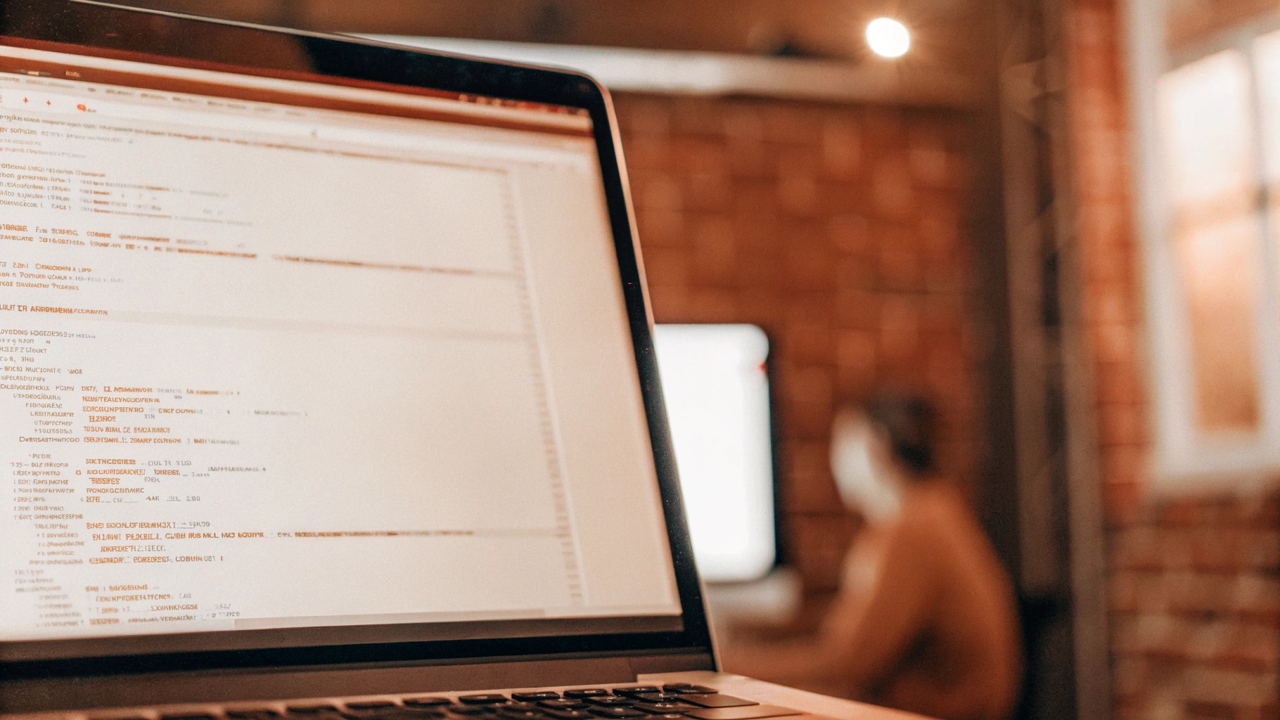 "Laptop screen displaying backend code with a developer working in the background, representing REST API development using Node.js and Express