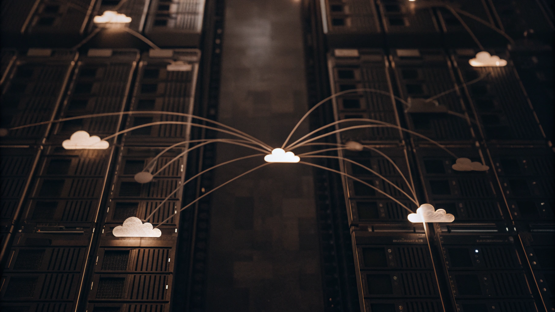 Illustration of cloud computing with cloud icons connected across a dark server room, representing data exchange and cloud storage infrastructure