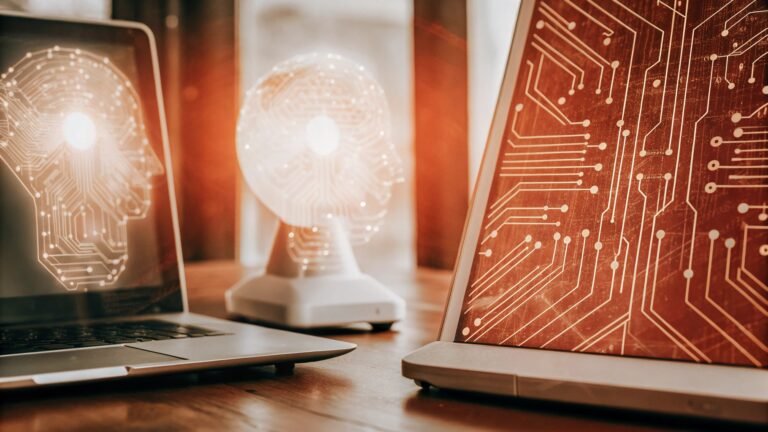 Futuristic AI interface concept displayed on laptop screens, symbolizing artificial intelligence and search engine optimization technologies in 2025