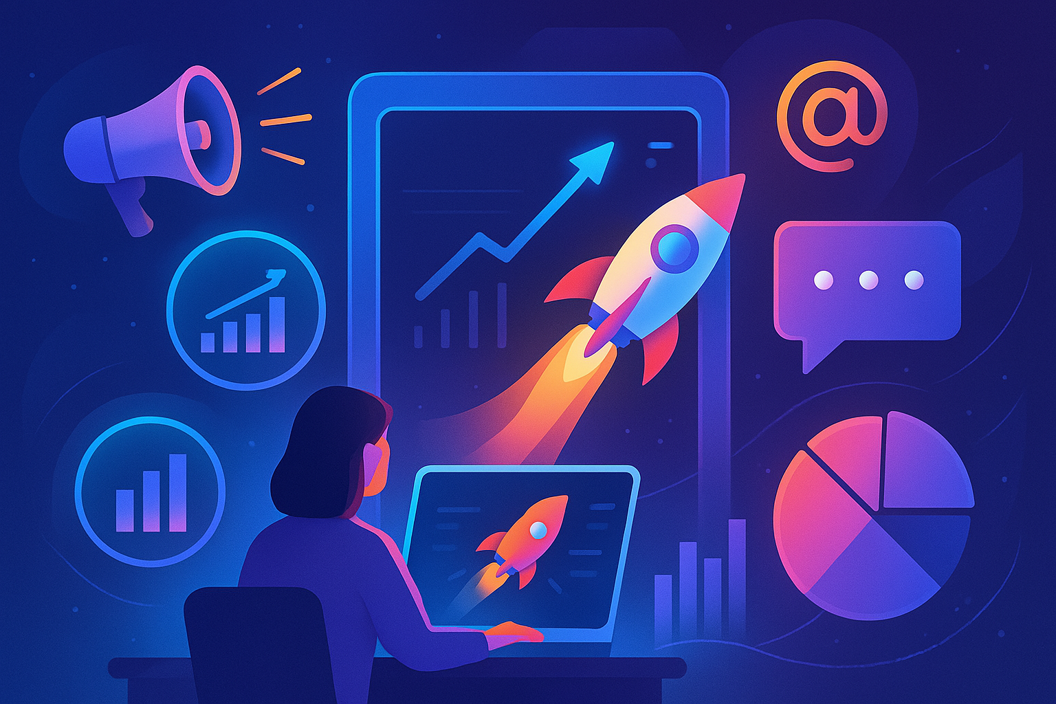 A digital illustration in a futuristic and modern style showing a person working at a laptop with digital marketing icons like a rocket, bar charts, pie chart, speech bubble, megaphone, and email symbol glowing around them in vibrant neon colors.