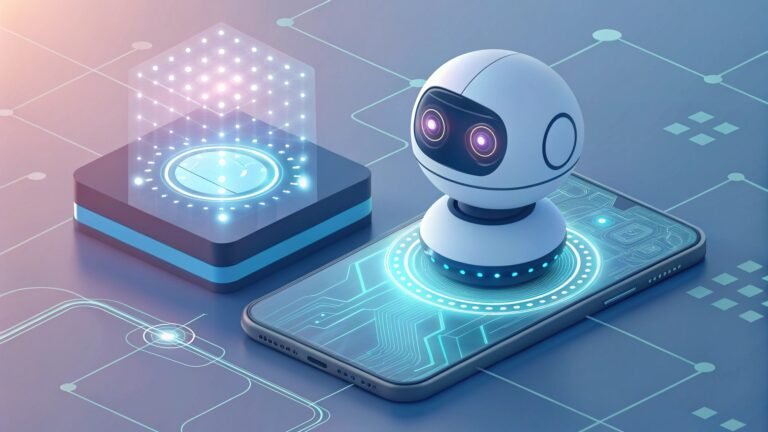 Futuristic AI robot on a smartphone illustrating edge computing and real-time data processing