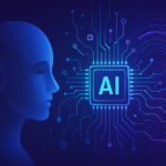 Futuristic digital illustration of generative AI with a glowing human profile, AI microchip, and interconnected circuits in a neon blue and purple theme