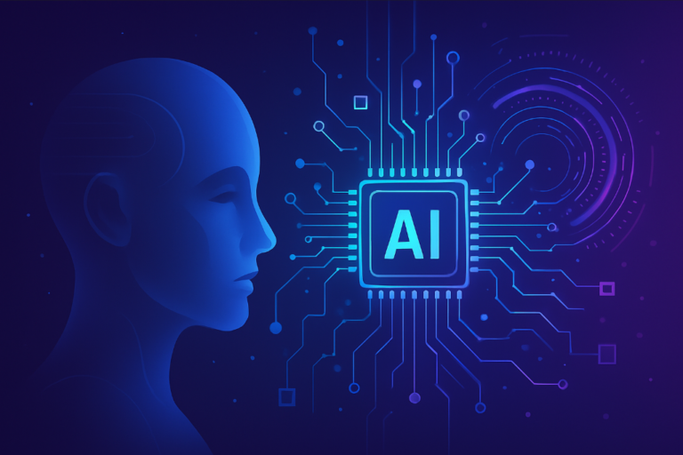Futuristic digital illustration of generative AI with a glowing human profile, AI microchip, and interconnected circuits in a neon blue and purple theme