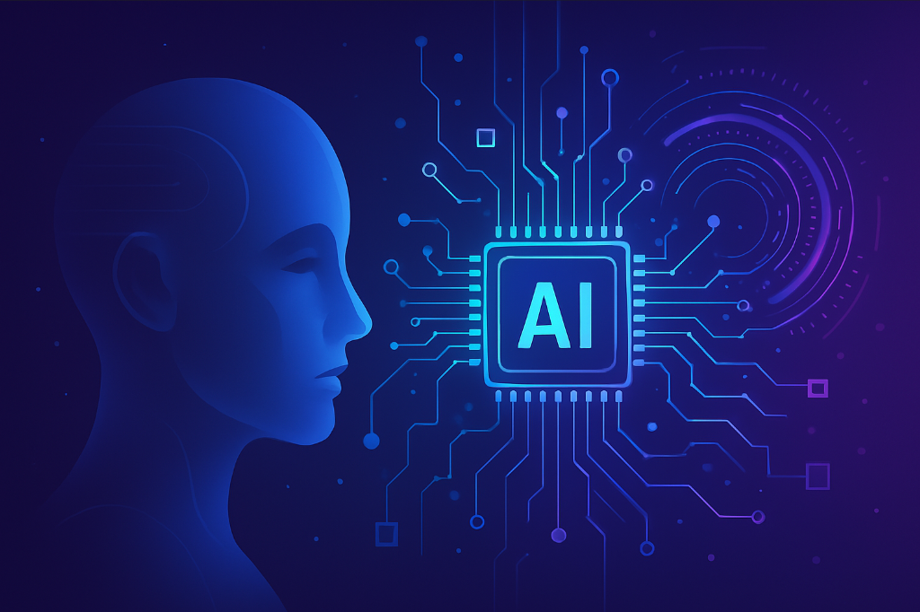 Futuristic digital illustration of generative AI with a glowing human profile, AI microchip, and interconnected circuits in a neon blue and purple theme