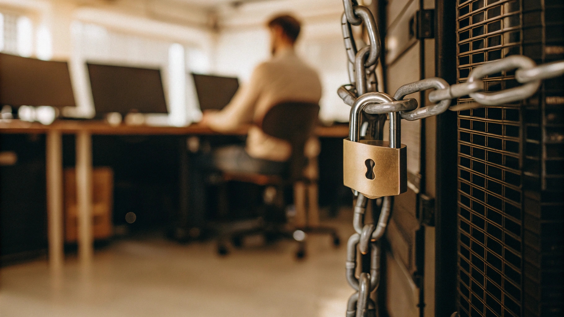 A close-up of a server cabinet secured with a chain and padlock, with a blurred office worker using a computer in the background—symbolizing small business cybersecurity and data protection.