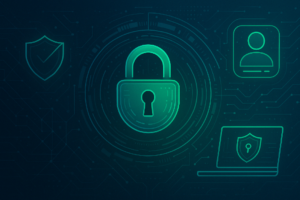 A digital illustration in a futuristic, technology-themed style showing a glowing green padlock at the center, surrounded by abstract circuit patterns, a shield icon, a user profile icon, and a laptop with a secure lock symbol—representing cybersecurity and Zero Trust principles.