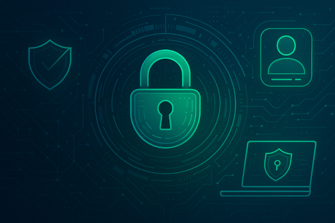 A digital illustration in a futuristic, technology-themed style showing a glowing green padlock at the center, surrounded by abstract circuit patterns, a shield icon, a user profile icon, and a laptop with a secure lock symbol—representing cybersecurity and Zero Trust principles.