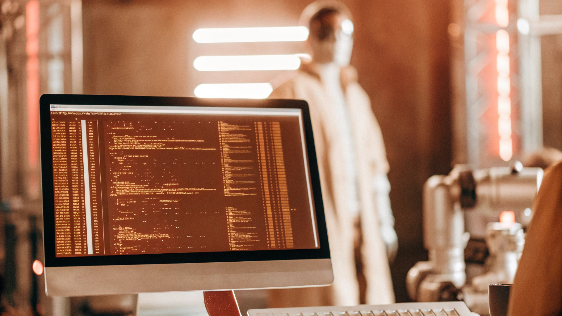 Futuristic workspace with code editor on screen, showcasing programming environment in 2025