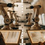 Two individuals in a futuristic laboratory operate robotic arms using advanced digital interfaces, surrounded by high-tech equipment and illuminated control panels.