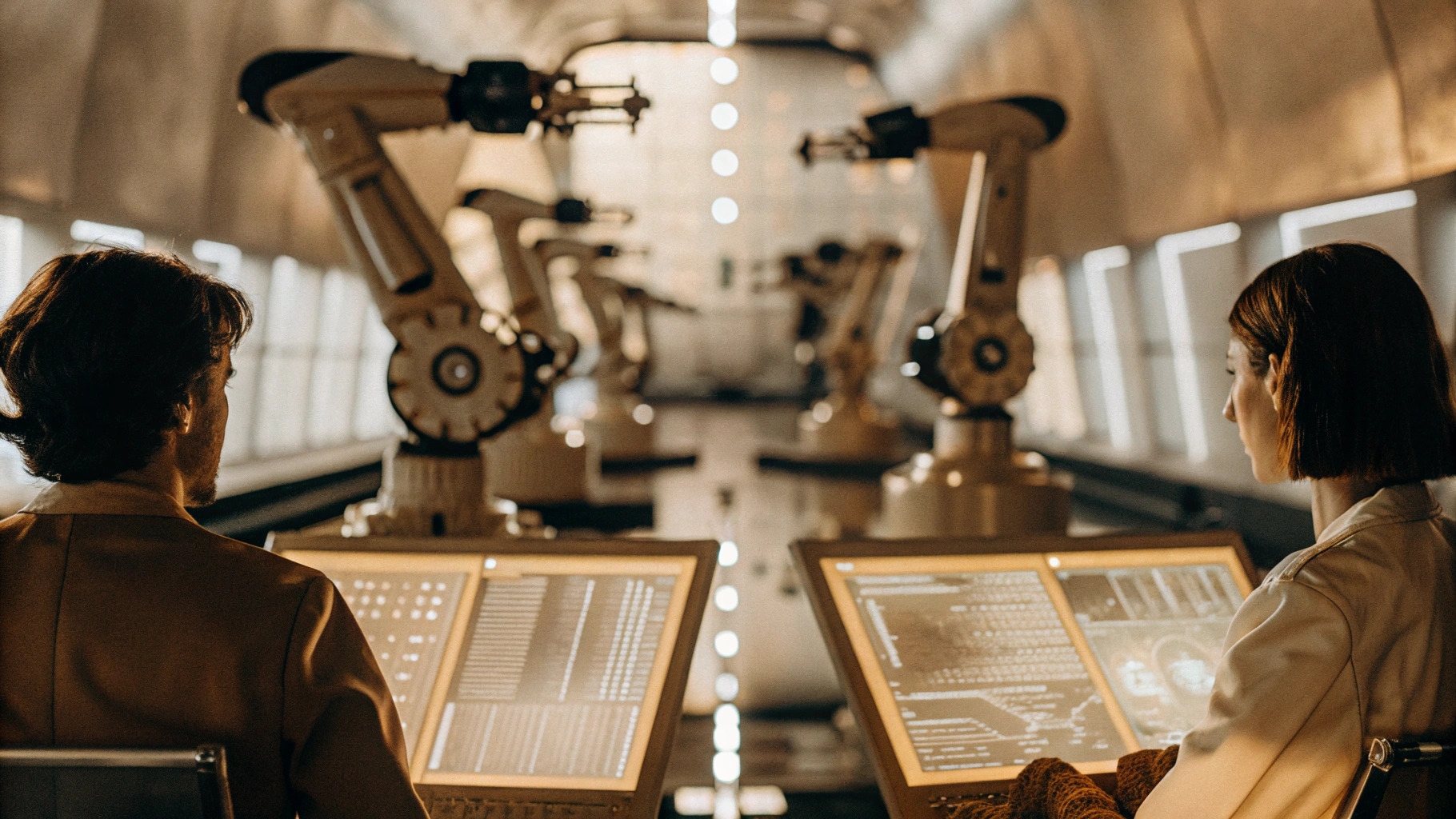 Two individuals in a futuristic laboratory operate robotic arms using advanced digital interfaces, surrounded by high-tech equipment and illuminated control panels.