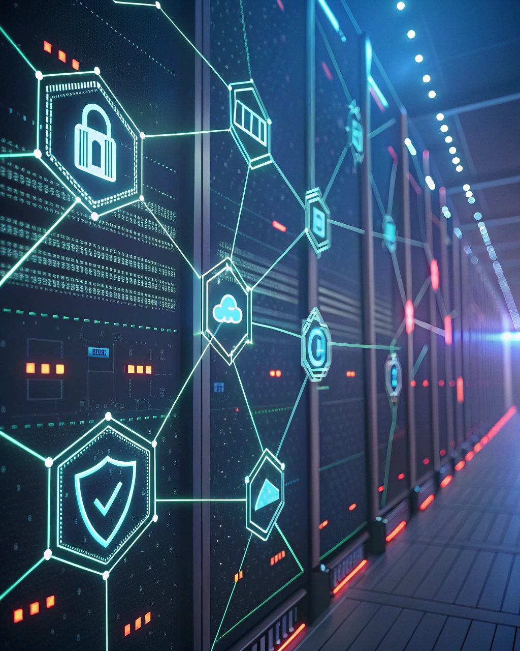 Modern data center with digital security icons overlay representing cloud computing, cybersecurity, and data encryption technologies