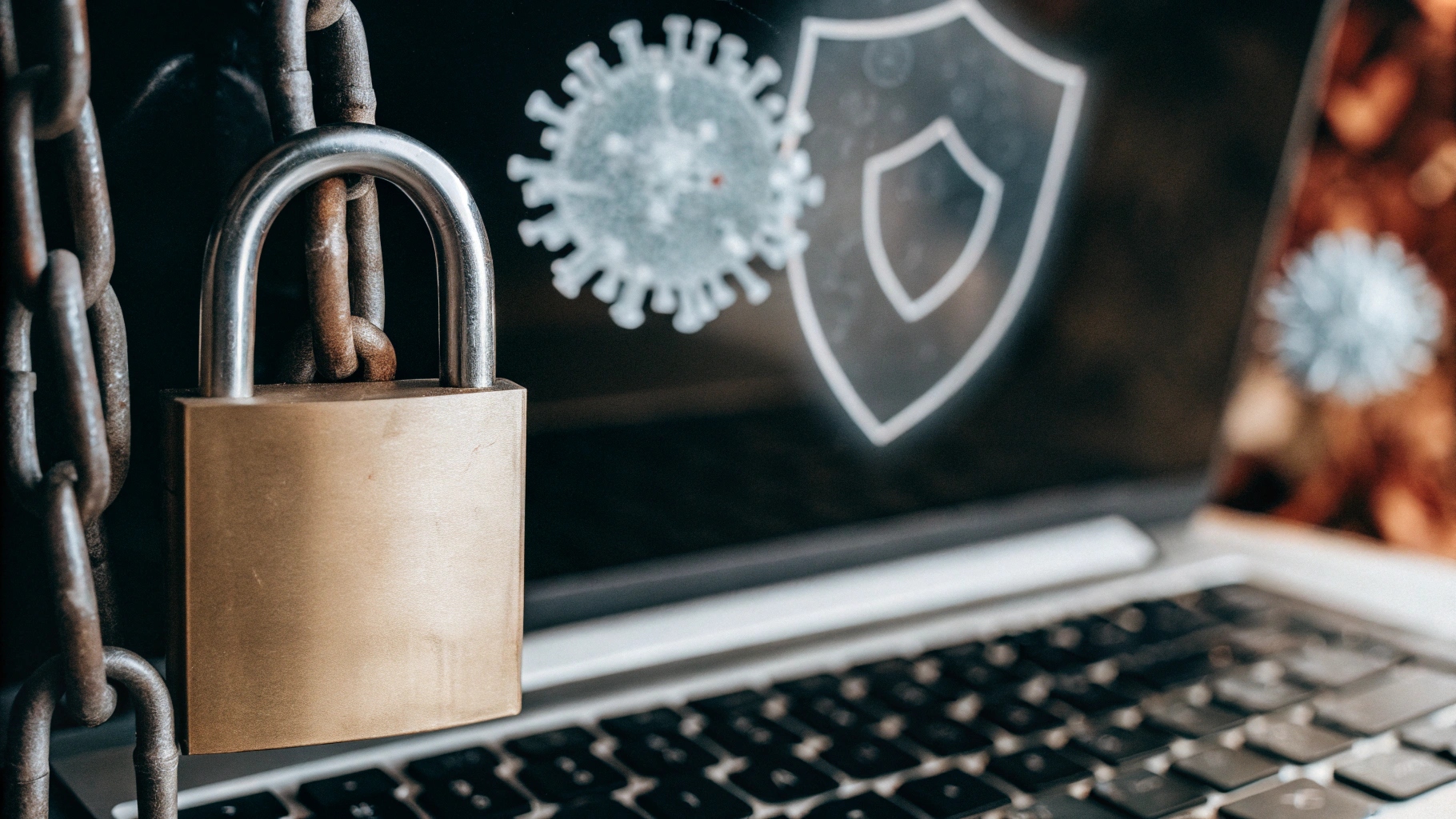 A close-up of a laptop with a padlock and digital antivirus icons representing cybersecurity and free antivirus protection in 2025