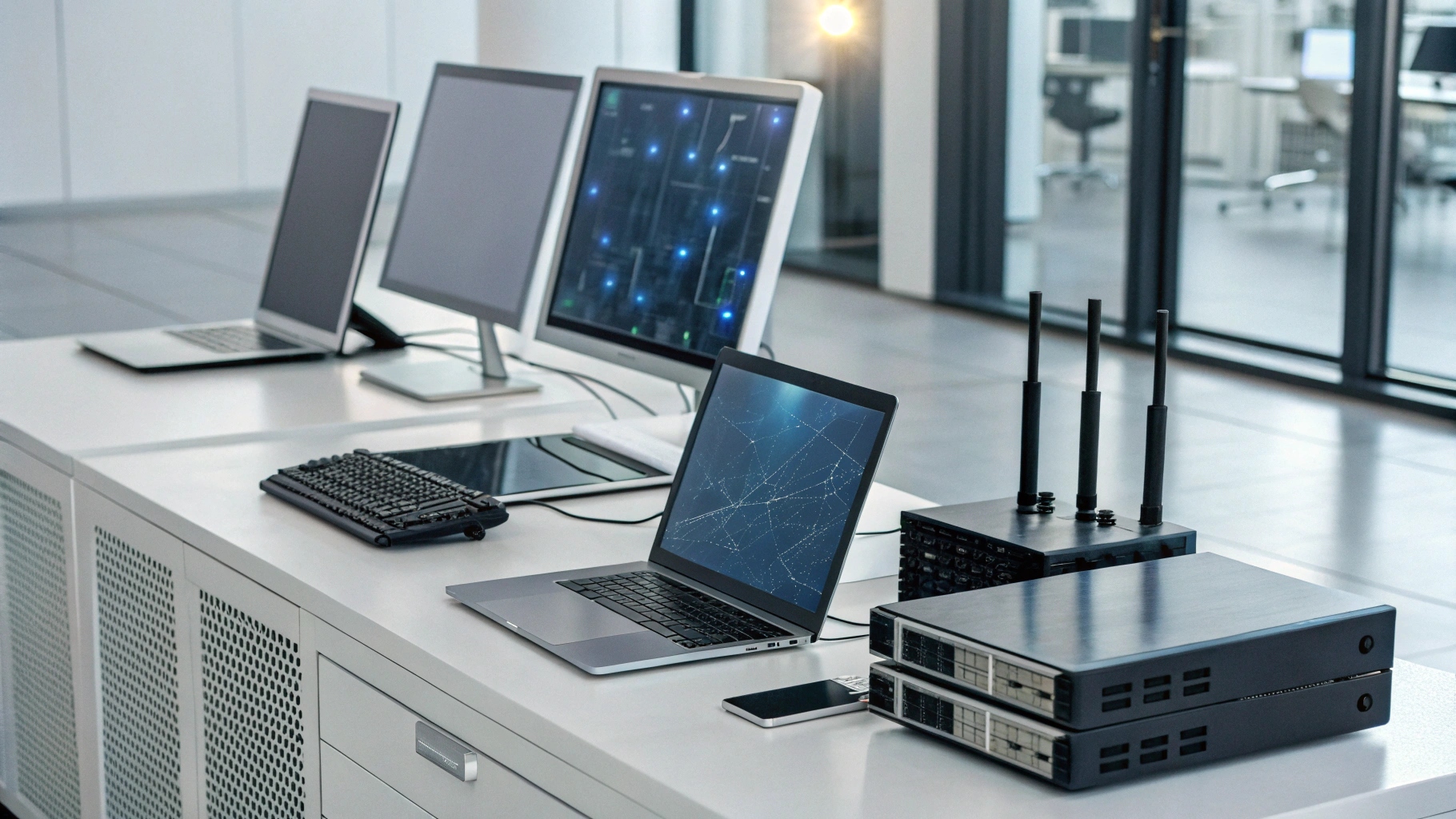 Modern IT support setup with multiple monitors, laptops, network devices, and secure remote access tools in a small business office environment