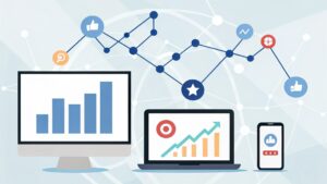 Illustration of digital devices showing charts and graphs representing social media marketing analytics, with connected icons for likes, engagement, and performance metrics.