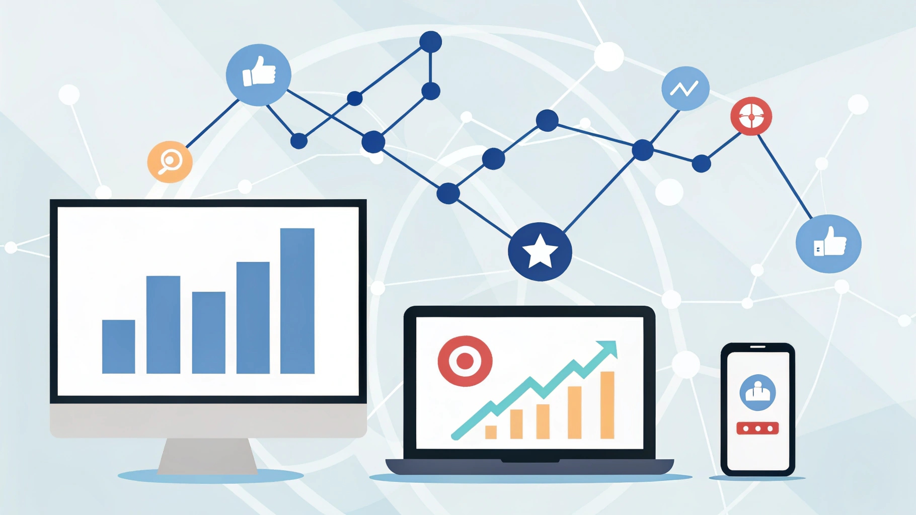 Illustration of digital devices showing charts and graphs representing social media marketing analytics, with connected icons for likes, engagement, and performance metrics.