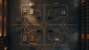 Top-down view of a stylized network infrastructure layout with interconnected computer terminals, servers, and devices arranged in a symmetrical grid on a dark surface.