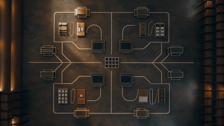 Top-down view of a stylized network infrastructure layout with interconnected computer terminals, servers, and devices arranged in a symmetrical grid on a dark surface.