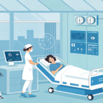 AI in healthcare with a nurse, robot assistant, and patient in a smart hospital room