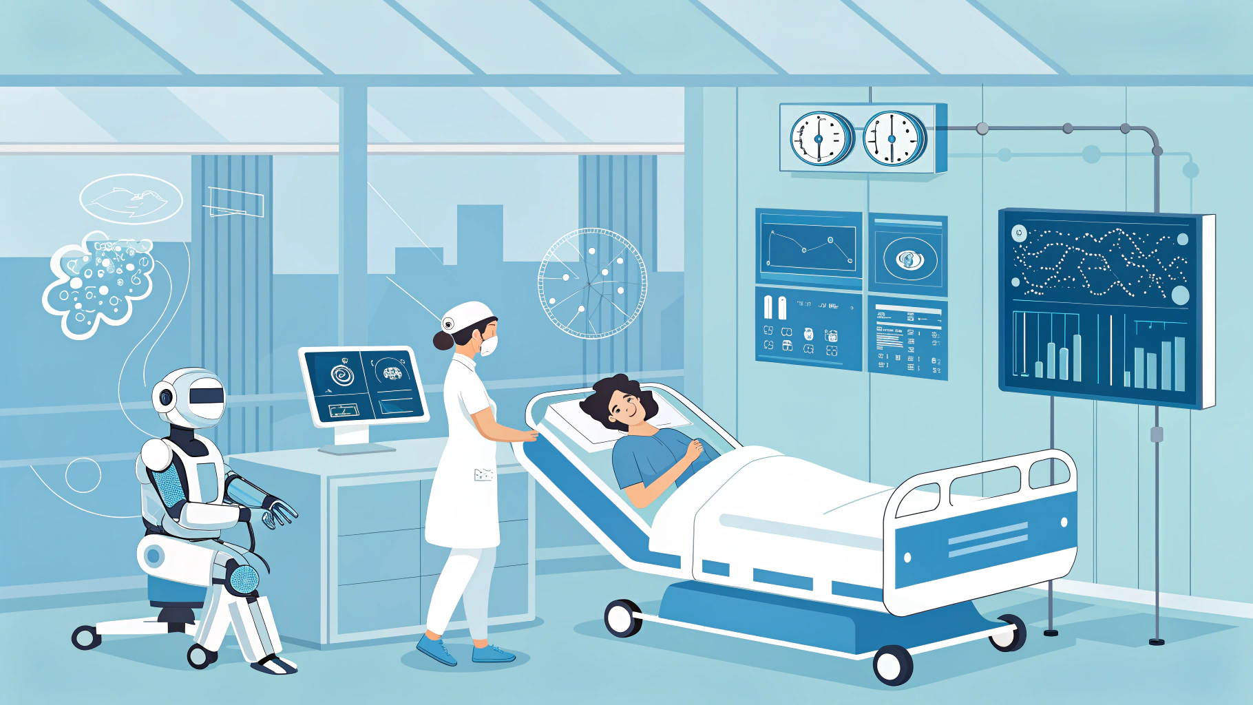 AI in healthcare with a nurse, robot assistant, and patient in a smart hospital room