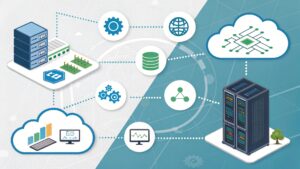Illustration showing edge computing vs cloud computing with data centers, servers, and connected devices.