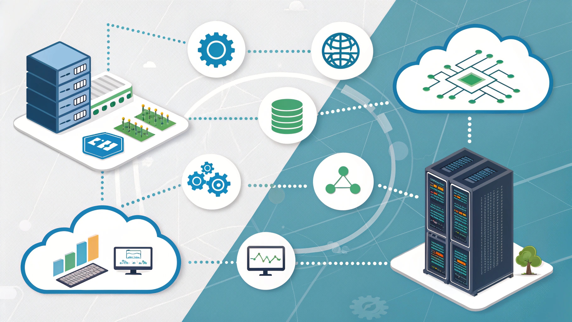 Illustration showing edge computing vs cloud computing with data centers, servers, and connected devices.
