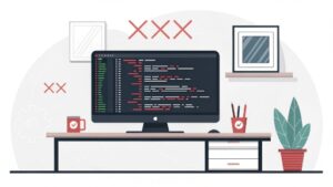 Illustration of a modern desk setup with a large computer monitor displaying lines of code. The desk has a coffee mug with a checkmark logo, a pencil holder with pens, drawers, and a potted plant. Framed pictures hang on the wall behind, with red “X” marks and gear graphics as decorative elements. The style is clean and minimalistic.