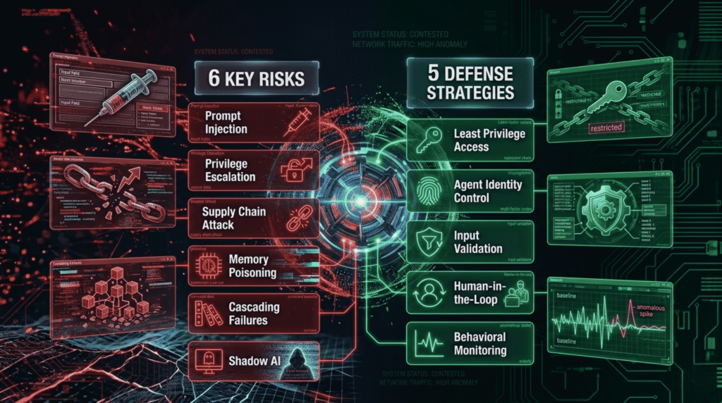agentic-ai-security-risks-infographic Agentic AI security risks infographic showing 6 threats and 5 defense strategies