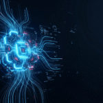 Futuristic glowing AI chip with neural circuit trails representing agentic AI autonomous systems