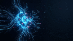 Futuristic glowing AI chip with neural circuit trails representing agentic AI autonomous systems