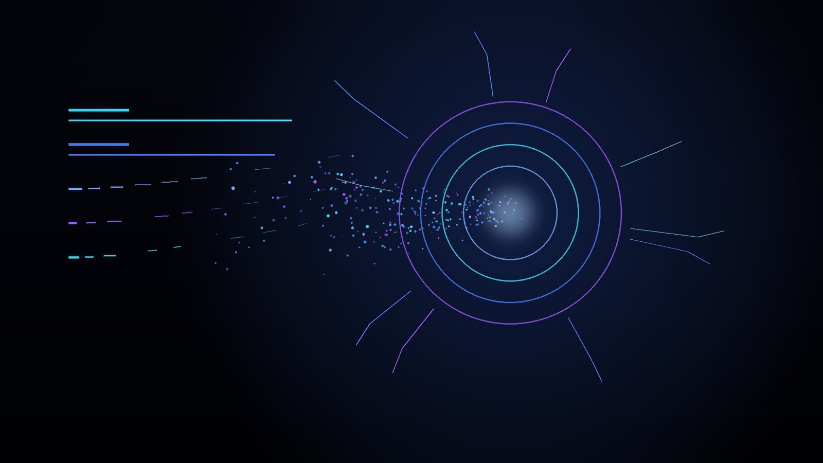 Dark navy background with electric blue and cyan neon lines forming a search results page dissolving into an AI answer box