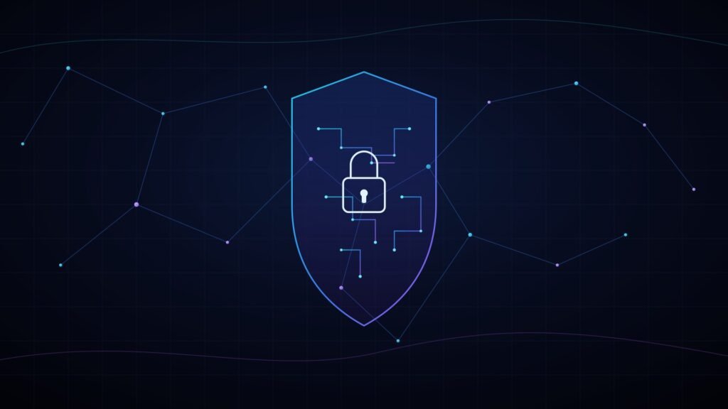 Dark futuristic illustration of AI-driven threat detection, with neon blue and purple circuit patterns forming a shield over a network map