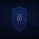 Dark futuristic illustration of AI-driven threat detection, with neon blue and purple circuit patterns forming a shield over a network map
