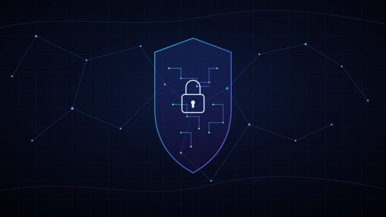 Dark futuristic illustration of AI-driven threat detection, with neon blue and purple circuit patterns forming a shield over a network map