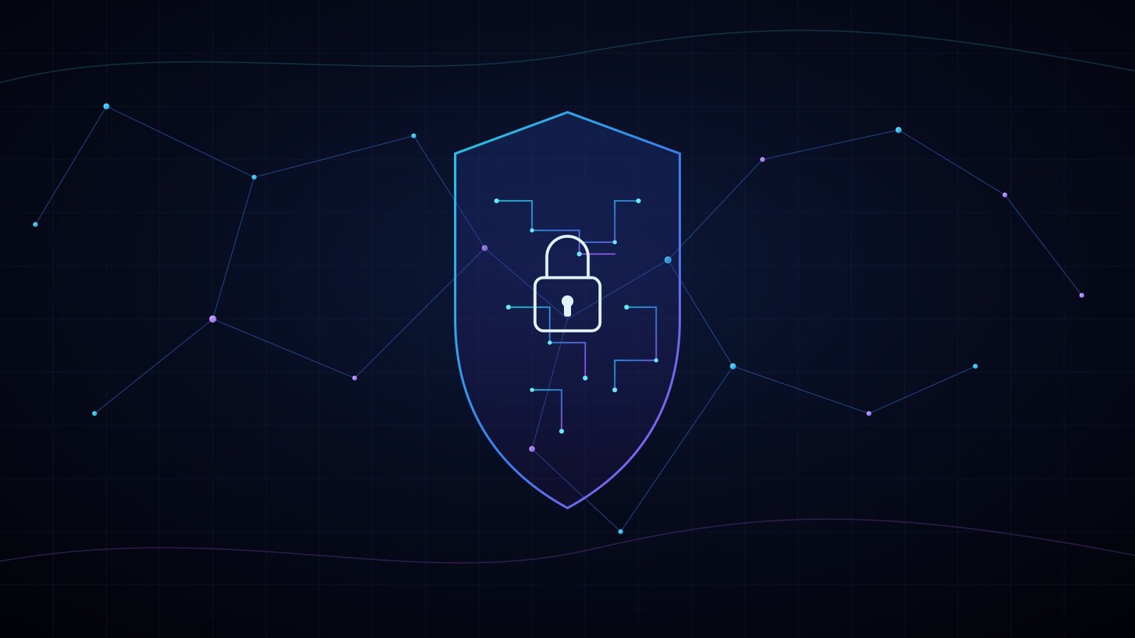 Dark futuristic illustration of AI-driven threat detection, with neon blue and purple circuit patterns forming a shield over a network map