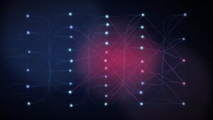 Abstract illustration of corrupted data flowing into an AI neural network, symbolizing an AI data poisoning attack.
