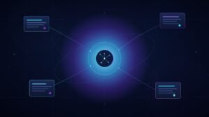 Dark futuristic illustration of an AI search engine core surrounded by glowing data source panels, navy background with electric blue and purple neon accents