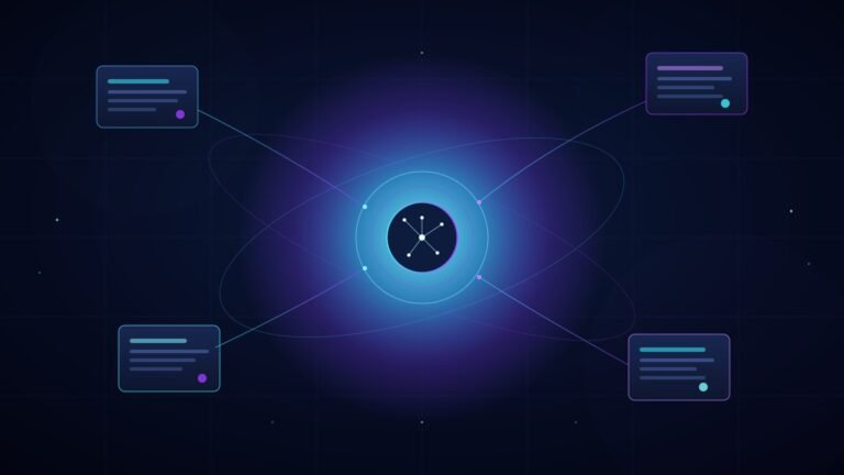 Dark futuristic illustration of an AI search engine core surrounded by glowing data source panels, navy background with electric blue and purple neon accents