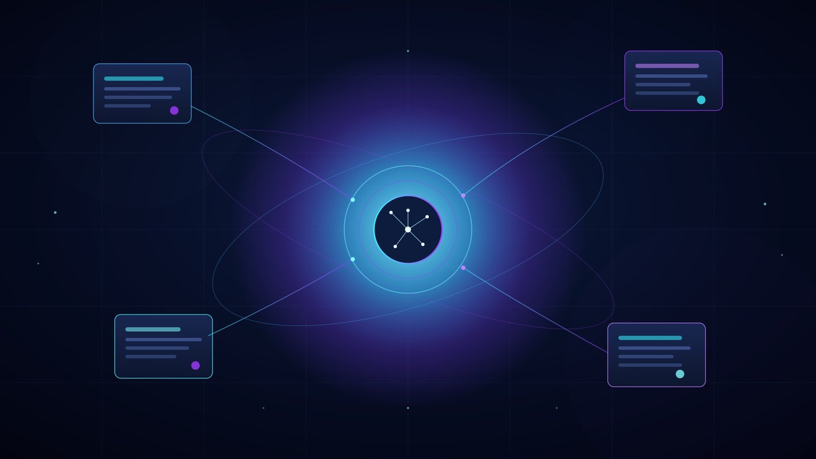 Dark futuristic illustration of an AI search engine core surrounded by glowing data source panels, navy background with electric blue and purple neon accents