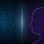 Split illustration contrasting a glowing neural network with a human brain silhouette, representing AI vs human intelligence