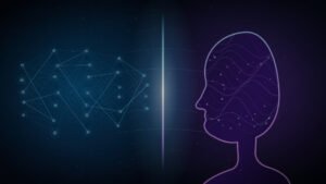 Split illustration contrasting a glowing neural network with a human brain silhouette, representing AI vs human intelligence