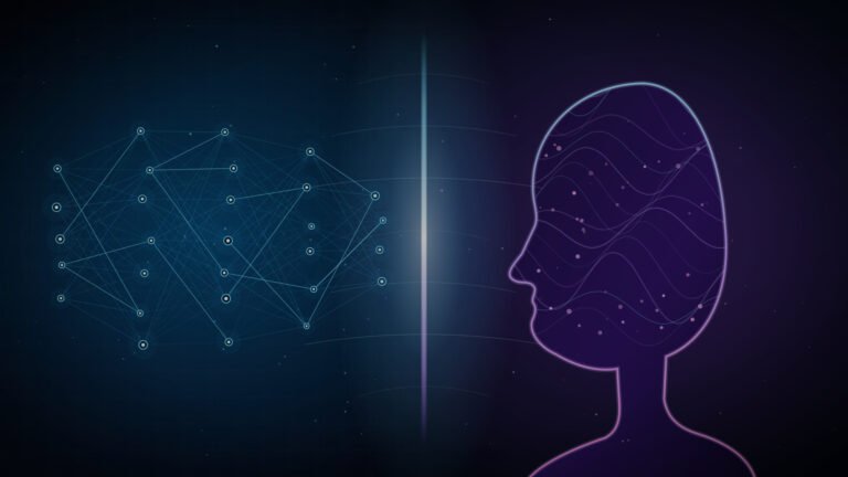 Split illustration contrasting a glowing neural network with a human brain silhouette, representing AI vs human intelligence