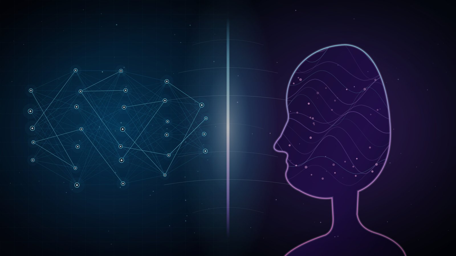 Split illustration contrasting a glowing neural network with a human brain silhouette, representing AI vs human intelligence