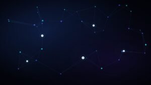 Dark navy and electric blue abstract network diagram representing IT systems inside a digital transformation strategy