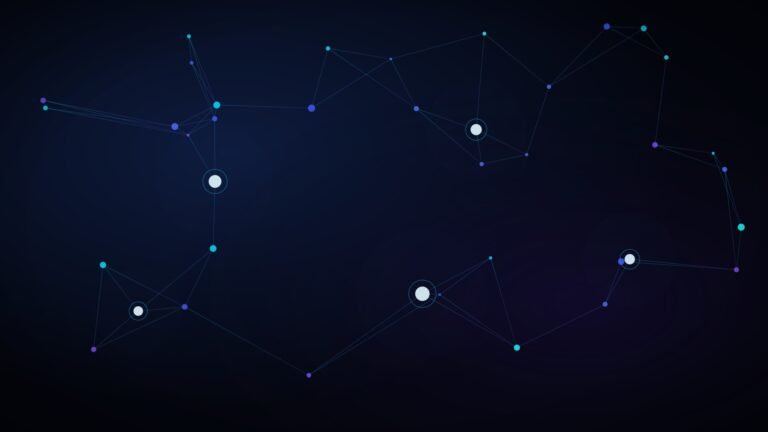 Dark navy and electric blue abstract network diagram representing IT systems inside a digital transformation strategy