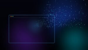 Dark futuristic illustration of a stream of glowing binary particles in blue, cyan, and purple flowing into the outline of a browser window, on a navy-black background.