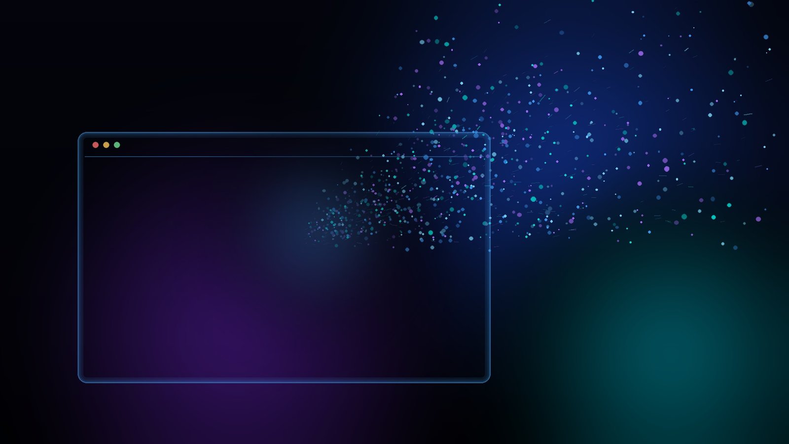 Dark futuristic illustration of a stream of glowing binary particles in blue, cyan, and purple flowing into the outline of a browser window, on a navy-black background.